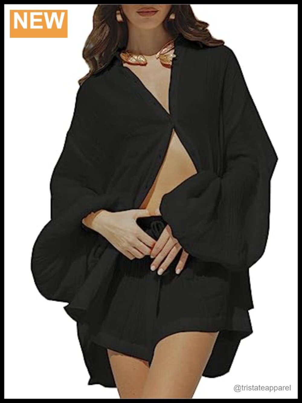 Women's 2 Piece Linen Short Set Button Down Lantern Sleeve Shirt